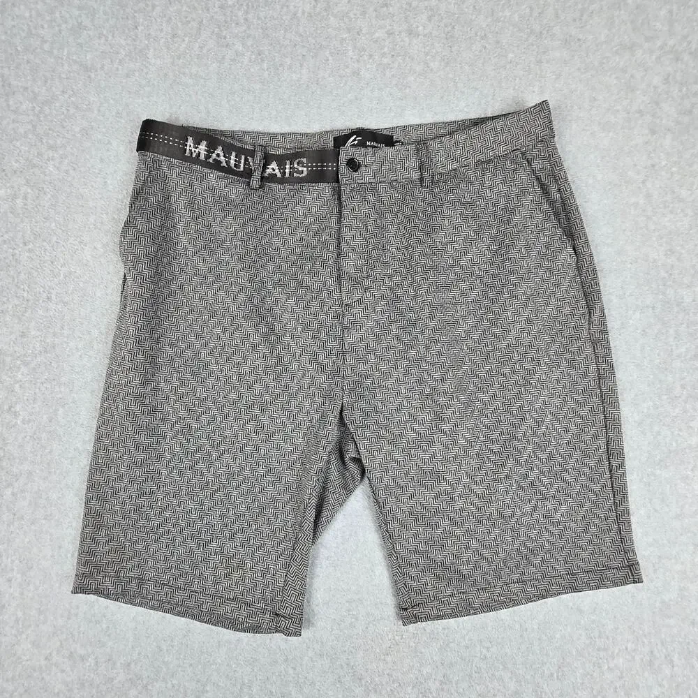 Mauvais 38 Louvre Gray Flat Front Shorts Logo Waistband Geometric Print Pattern